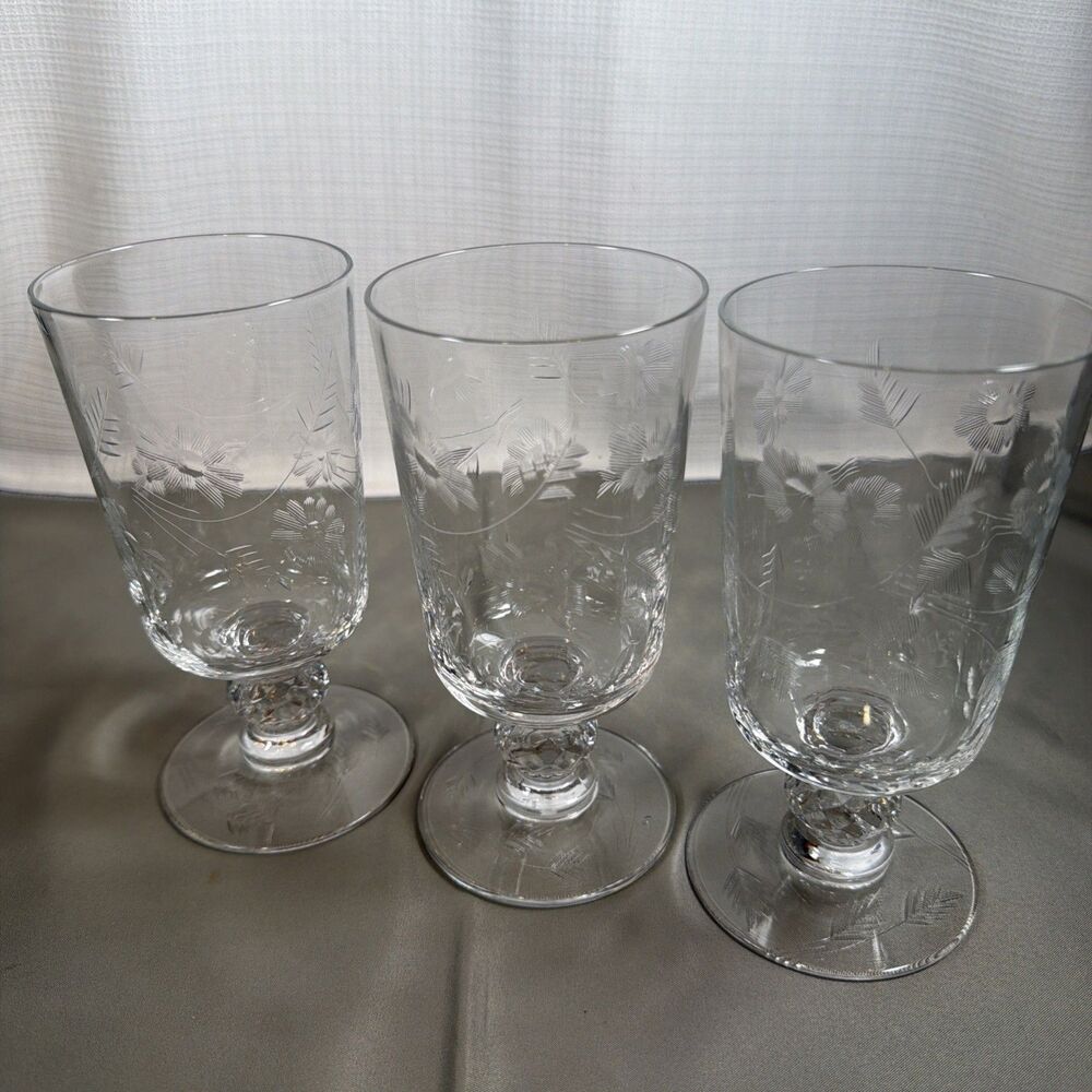 Set of 3 Vintage Bohemia Crystal Cascade Etched Water Glasses Goblets